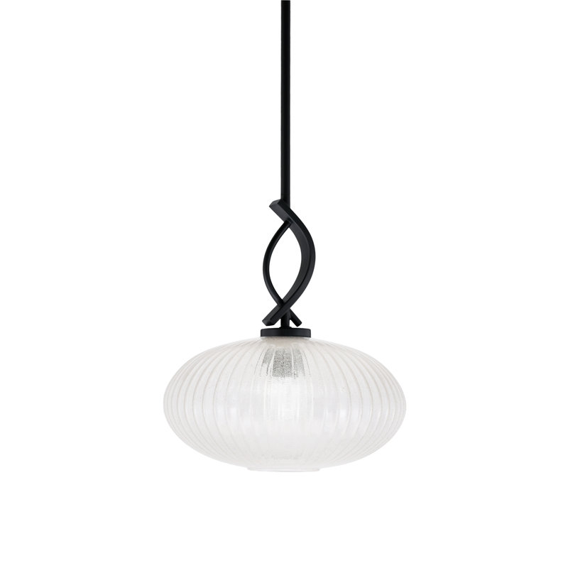 Mini-luminaire suspendu avec tige Cavella au fini noir mat avec micro-verre nervuré de 12 po