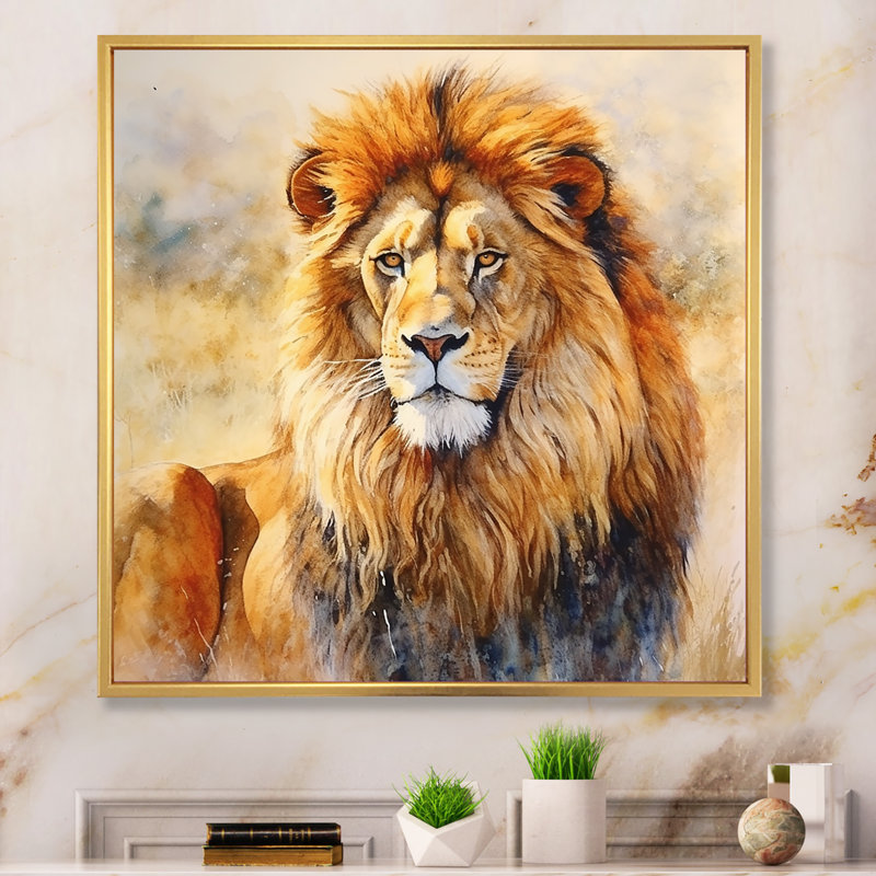 Fierce lion IV - animaux, art mural sur toile, Cadre flottant doré, H 36 po x l 36 po x P 1,5 po