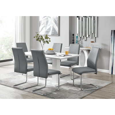 Edzard Double Pedestal High Gloss Dining Table Set with 6 Luxury Faux Leather Dining Chairs
