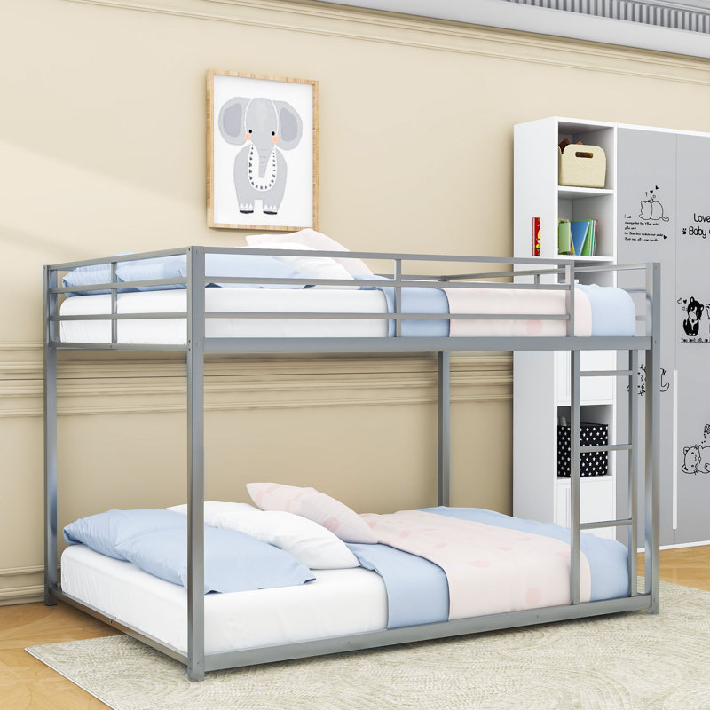 Full Over Full Metal Bunk Bed With Built-In Ladder And Full-Length Guardrails, Silver