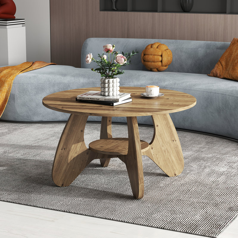 Table basse 31,5 "pour le salon, table d'appoint en bois à 2 niveaux avec rangement ouvert, Chêne