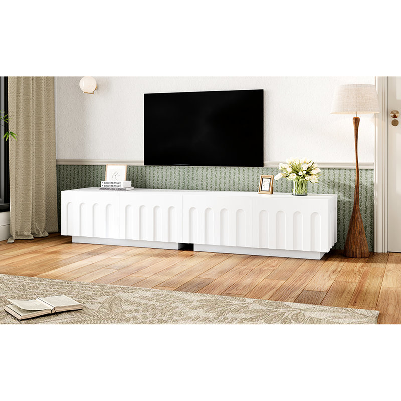 Élégant meuble télé blanc pour téléviseur de 80 po ou moins, table basse à quatre tiroirs avec rangement caché pour consoles de jeux, conception arquée sophistiquée, armoire multifonctionnelle et table de rangement, organisateur à 4 tiroirs