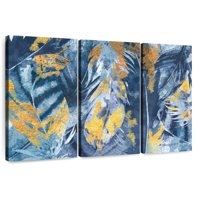Kerner Gold Foil Blue Feathers Heap, 42" H x 65" W