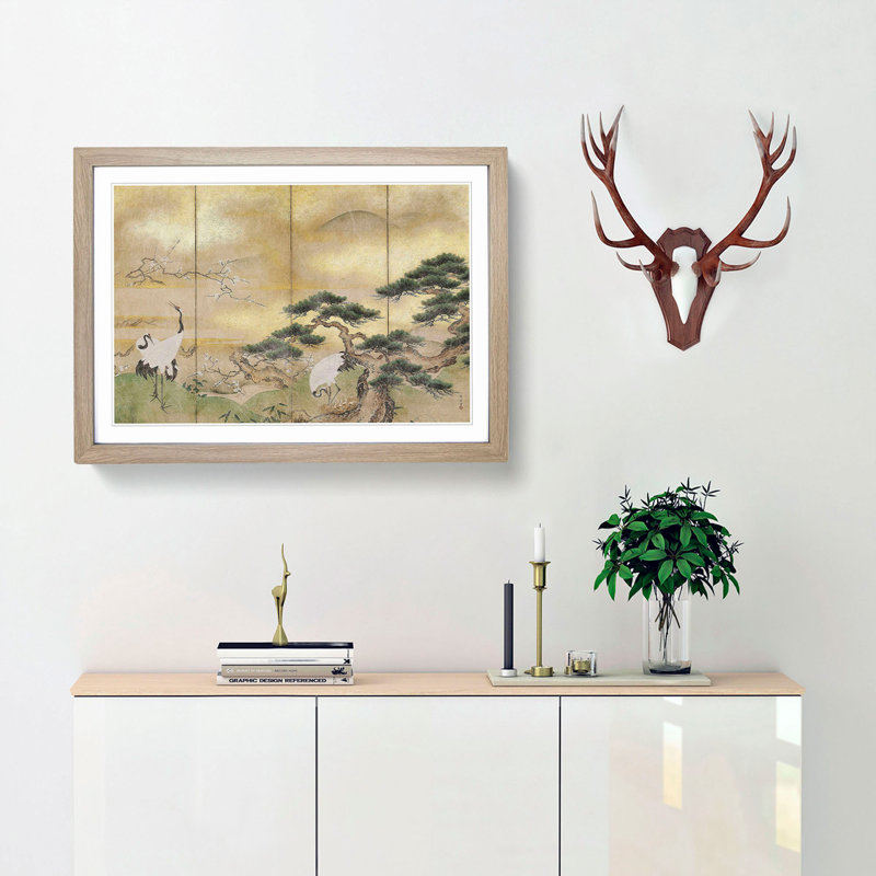 Cranes Beside a Lake by Hashimoto Gaho - Picture Frame Painting Print, 27cm H x 36cm W x 2cm D, Oak Framed