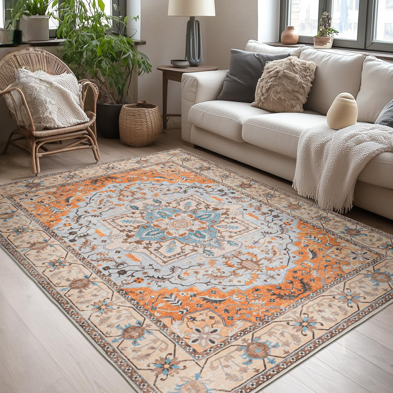 Machine Washable Faux-Wool Vintage Floral Indoor Area Rug, Rectangle 8' x 10', Orange