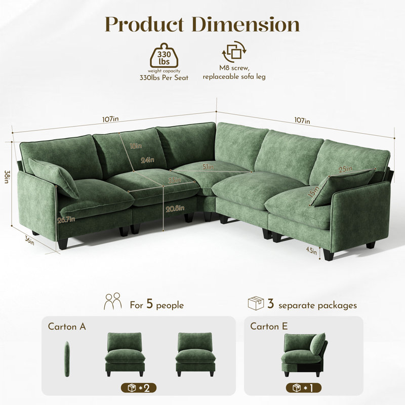 Canapé modulaire rembourré à 5 places Acker, Chenille verte, 5