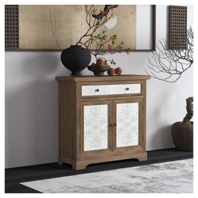Armoire rustique vintage avec panneaux floraux sculptés, buffet en bois vieilli avec tiroir et portes doubles, armoire de rangement de style maison de campagne, salon, entrée ou chambre à coucher