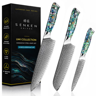 Ensemble de 3 couteaux de cuisine en acier damassé - Umi Essentials - Acier japonais VG10 et manche en nacre d'ormeau - Couteau de chef 20 cm, Santoku 18 cm, couteau utilitaire 13 cm