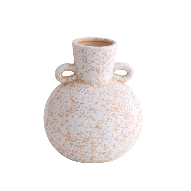 Vase en céramique Wabi-Sabi, vase rond bicolore à l'aspect vieilli avec poignées en boucle, idéal pour décorer un foyer ou une console.