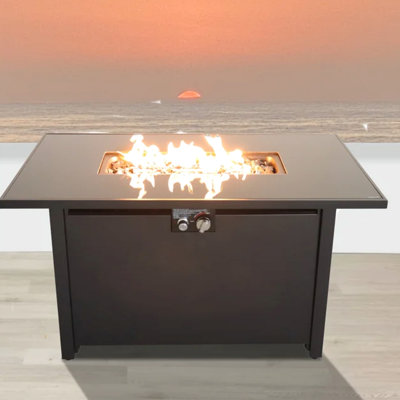 Table de foyer d'extérieur en acier H 25 po x l 42 po avec couvercle - Couvercle de foyer chic, matériau, finition antirouille, plateau en acier inoxydable, pierres de lave, porte latérale pour réservoir de carburant, contrôle d'allumage, couvercle de protection, noir