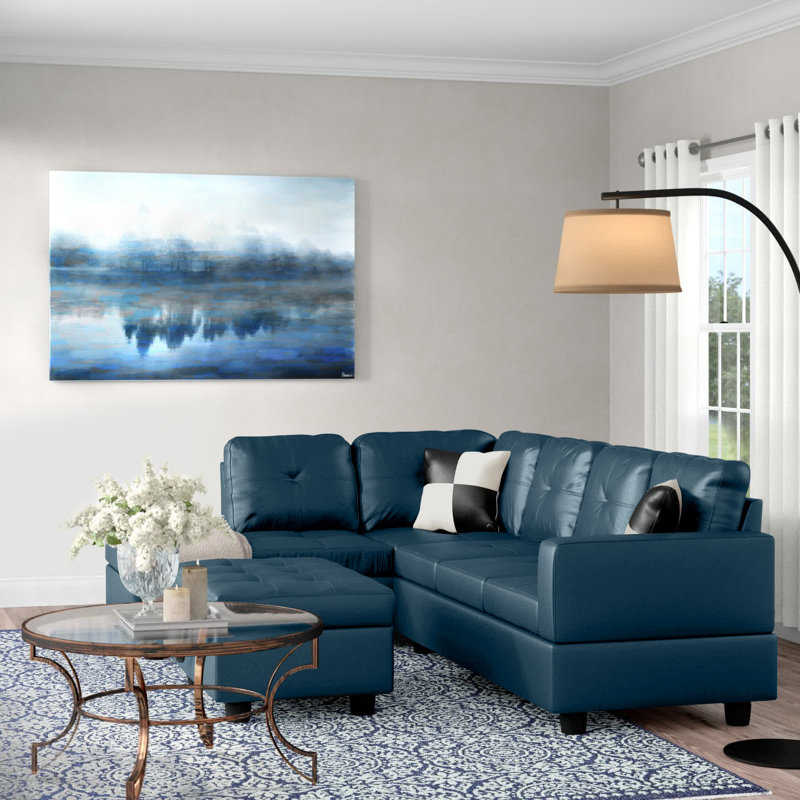 Canapé et chaise longue avec repose-pieds Beesley, Orienté à gauche (vu de face), Noir, Similicuir bleu paon