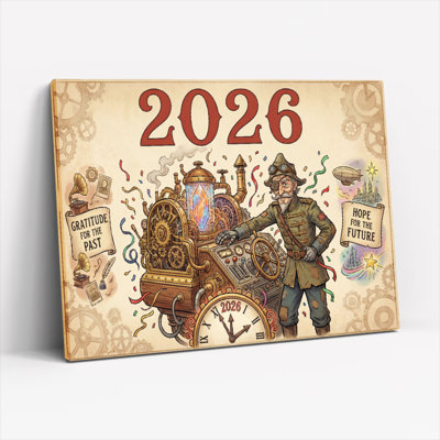 Tableau mural Steampunk « Machine à remonter le temps 2026 » sur toile tendue, orné d'engrenages et d'un mécanisme d'horlogerie vintage, mettant en scène un inventeur victorien et des éléments futuristes, idéal pour la décoration de votre bureau, salon ou maison (1 pièce)