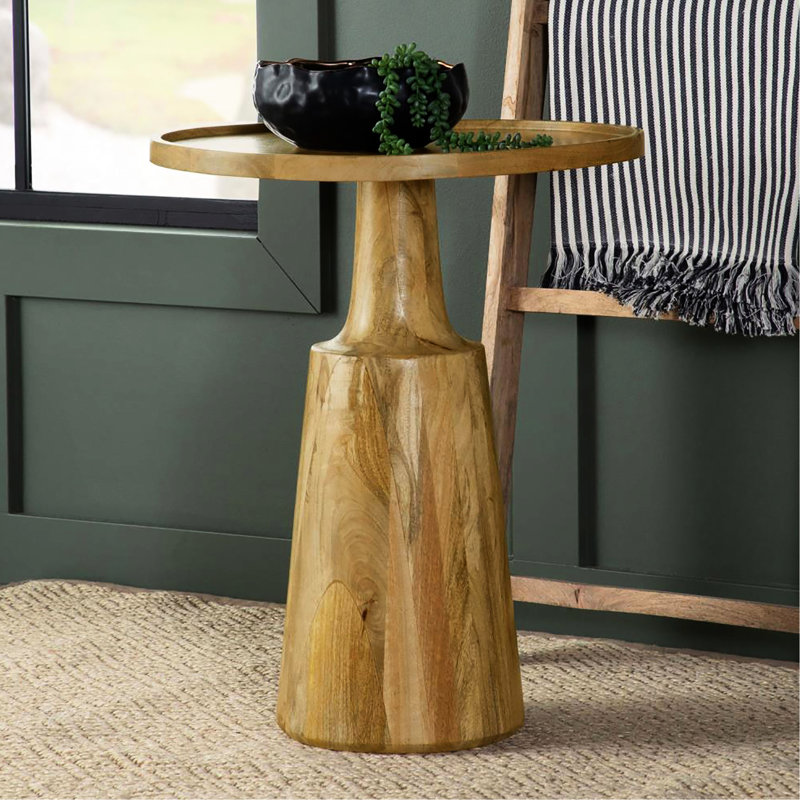 Table à piédestal en bois de manguier avec surface ronde - poids solide de 27 lb pour un espace de vie de 20 po de profondeur x de largeur