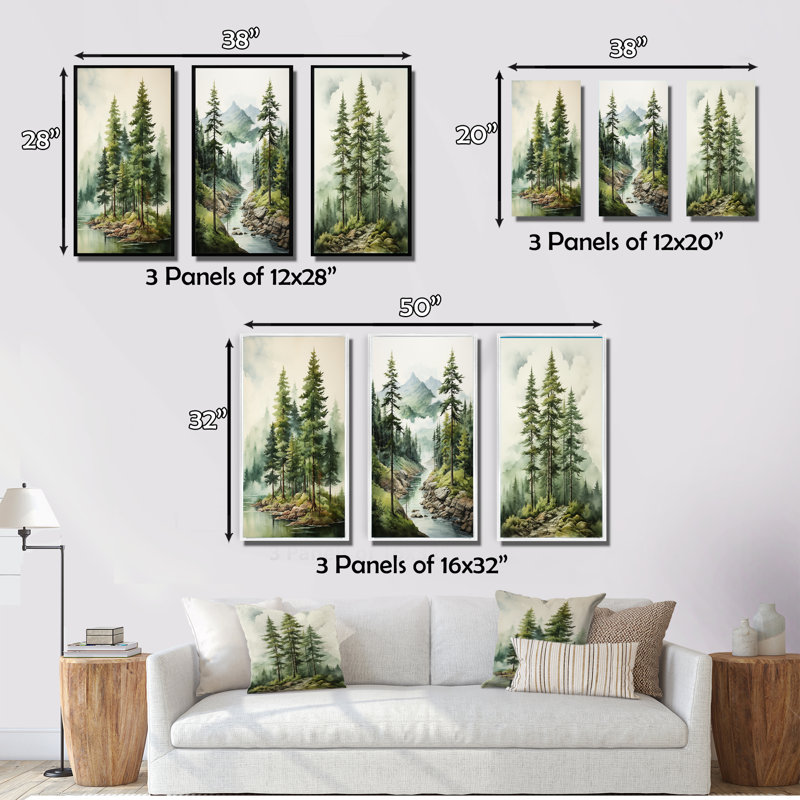 Arbre vert pin vert Eternal Guardians III - ensemble d'art mural pin 3, H 28 po x l 36 po, Toile tendue