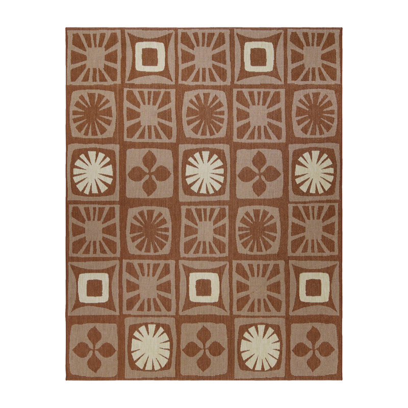 Reyn Spooner Oahu Red Beige Totum Checkered Tropical Flatweave Indoor/Outdoor Area Rug, Rectangle 5'3" W x 7' L