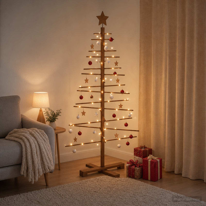Sapin de Noël en bois de 125 cm, en bambou et pin massif, 49,2 po