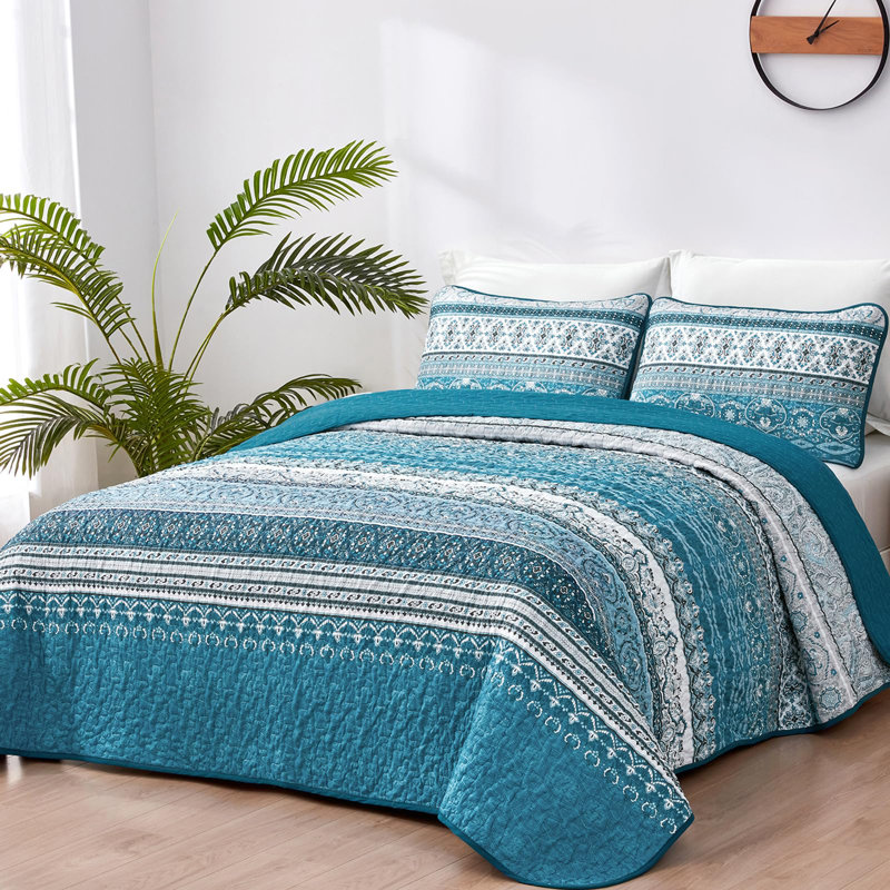 Ensemble de 3 courtepointe Boho Bohemian, Courtepointe pour lit grand + deux taies décorati, Bleu sarcelle/bleu