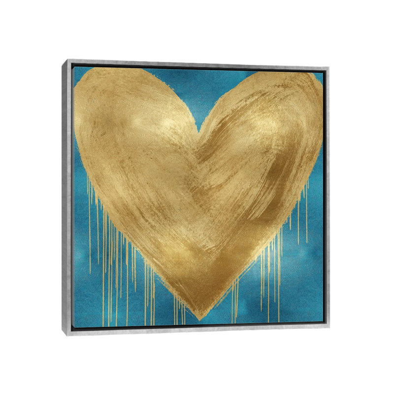 Impression d’art graphique, "large cœur Gold on Aqua" par Lindsay Rodgers, Toile avec cadre argenté, Pas de tapis