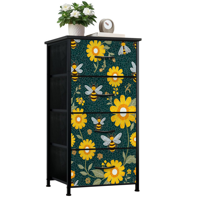 Commode pour chambre à coucher avec 4 tiroirs de rangement Commode à abeilles florale en mosaïque florale vert foncé