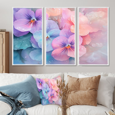 «Watercolor Morning Dew of Violets Flowers II - Violets», ensemble d'art mural