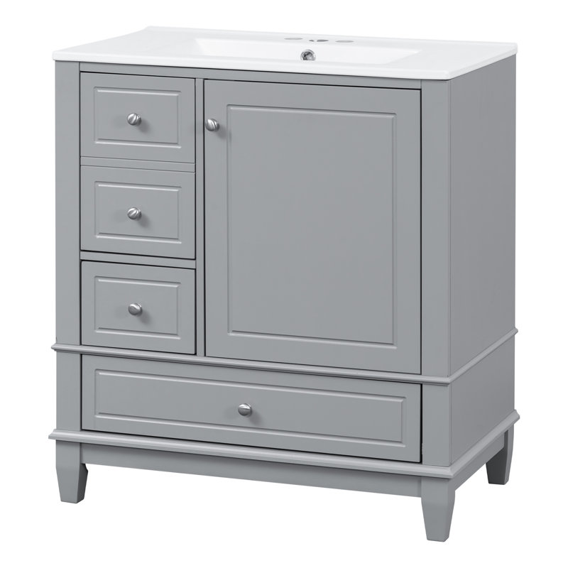 Aurelia 30" Contemporary Bathroom Vanity With Ceramic Sink And Soft-Close Storage, Gray/Silver