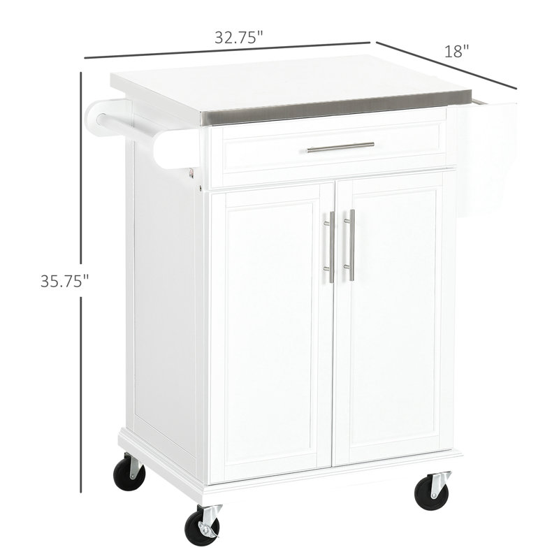 Table de chariot de cuisine polyvalente avec comptoir en acier inoxydable, tiroir, porte-serviettes, étagère à épices et rangement, banc de travail mobile blanc