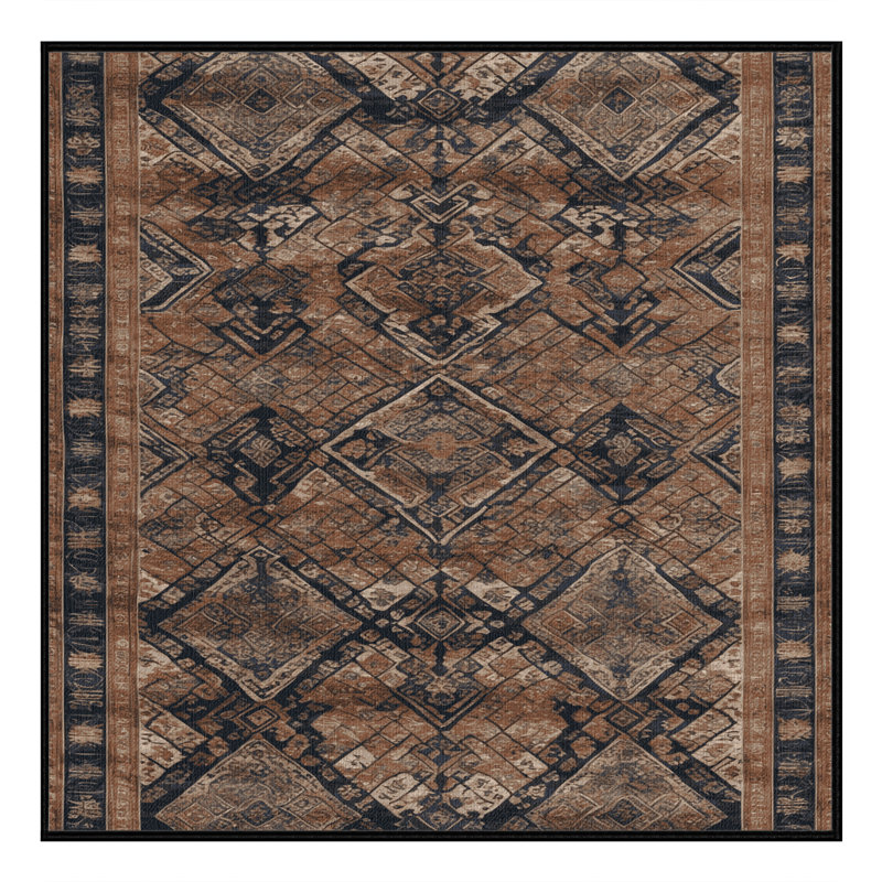 Machine Washable Art Deco Brown Area Rug, Square 3'