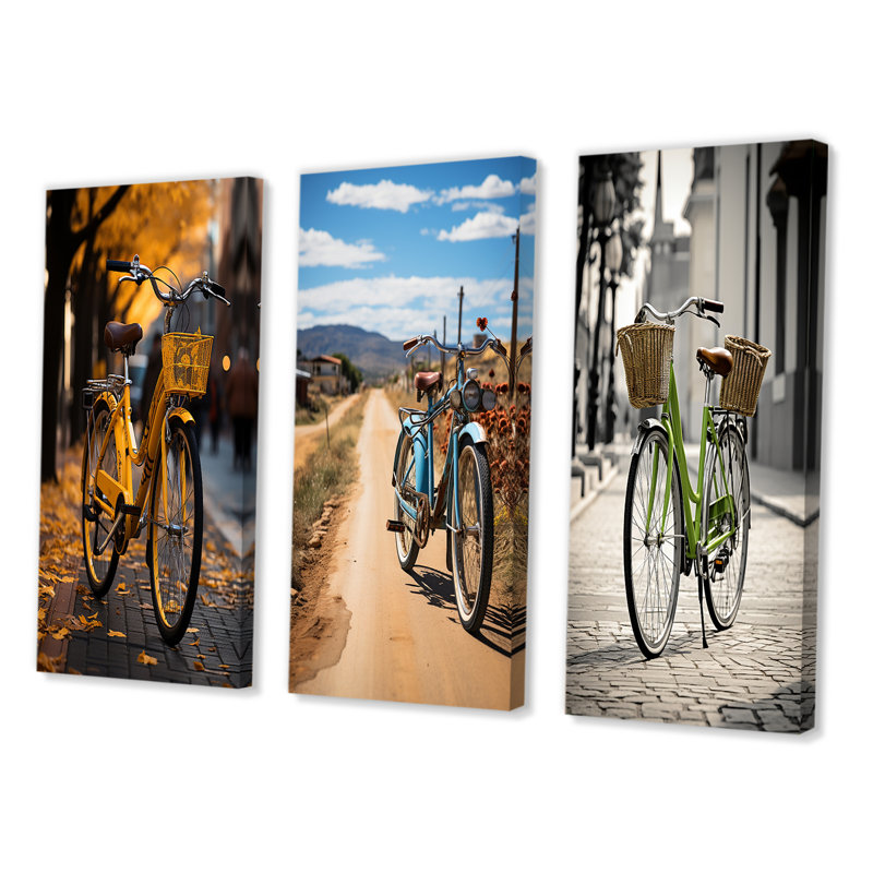 "Vélo urbain" 3 pièces sur toile, Toile tendue, H 40 po x l 60 po