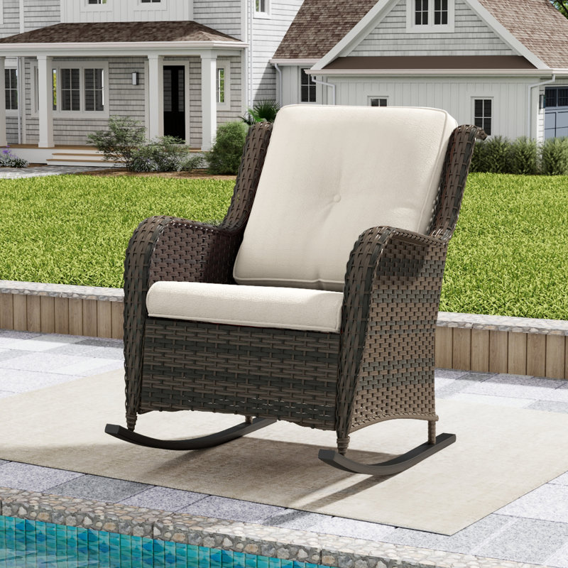 Outdoor Pe Wicker Rocking Chair - All-Weather Patio Furniture With Alloy Steel Frame & Thick Removable Cushion, Beige