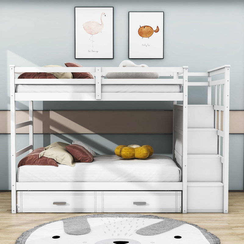 Bailen Kids Twin Over Twin Bunk Bed with Trundle with Drawers, White