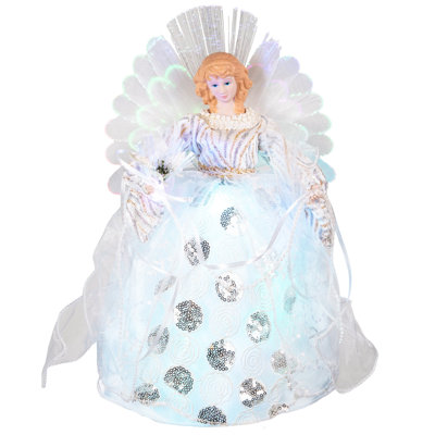 Fiber Optic Color-Changing Angel with Flower Christmas Tree Topper - 13" - White
