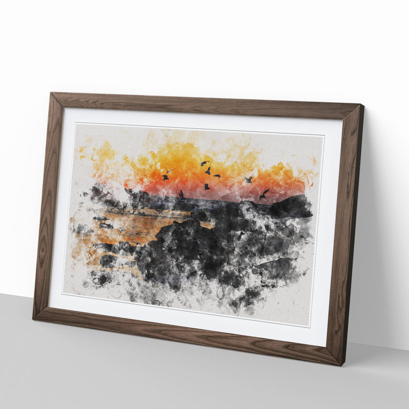 Sunset at the Beach in Spain - Picture Frame Painting, 27cm H x 36cm W x 2cm D, Walnut Framed