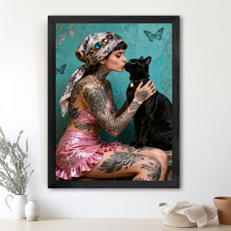 Reproduction d'art encadrée noire rétro «The Beautiful Lady Kisses the Cat», H 37 po x l 25 po