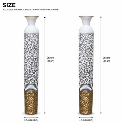 Set of 2 White Silver Metal Antique Finished Tall Floor Vases for Modern Home Decor 13.5x13.5x95.5 cm