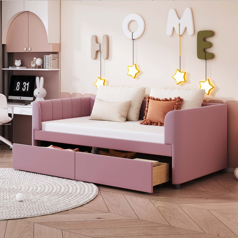 Twin Size Upholstered Daybed With 2 Drawers, Pink