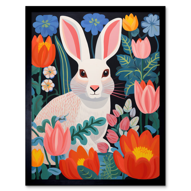 Bunny Rabbit Colourful Bold Vibrant Flowers - Single Picture Frame Print
