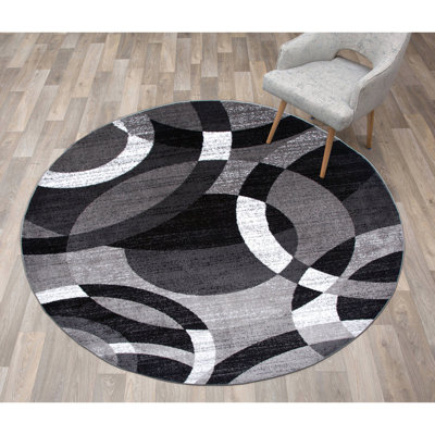 Mehul Woven Geometric Gray/Black/Ivory Area Rug – Modern Abstract Circles Polypropylene Carpet for Living Room, Bedroom, Entryway, or Dining Room