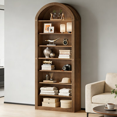 Bibliothèque arquée à 8 niveaux avec panneau arrière fermé, grande bibliothèque rustique pour salon, bureau ou chambre à coucher