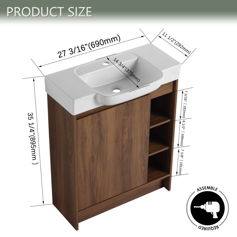 28 Inch Single Freestanding Bathroom Vanity With Ceramic Basin Sink and Soft-Close Door, Brown