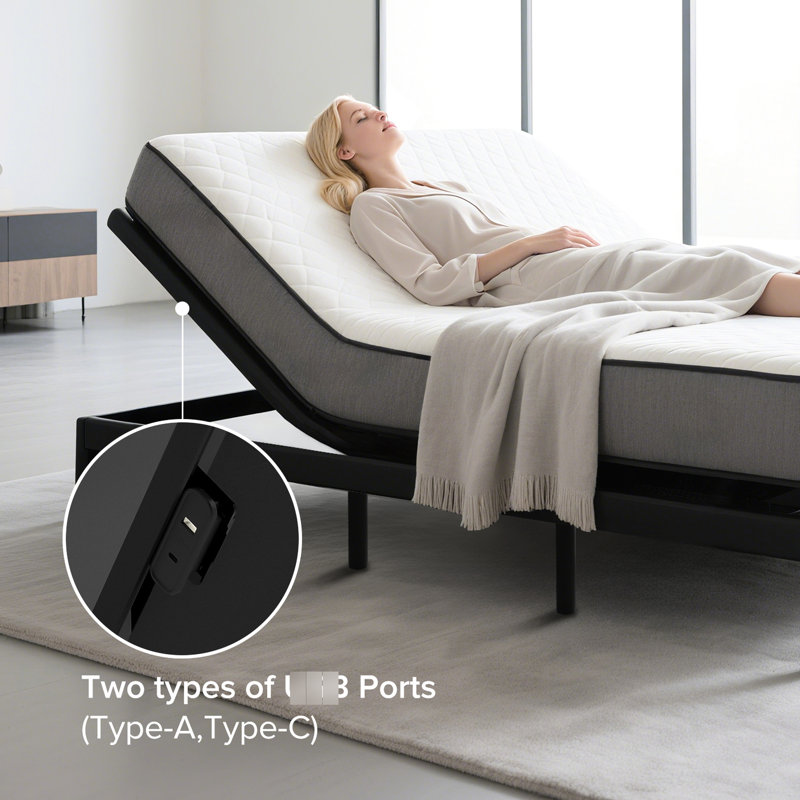 Adjustable Electric Bed Frame In Queen Size, Five Massage Modes To Reduce Body Stress, Independent Head & Foot Massage, Under Night , Type-A And Type-C Charging, 4 Legs Size With Modes, Wireless
