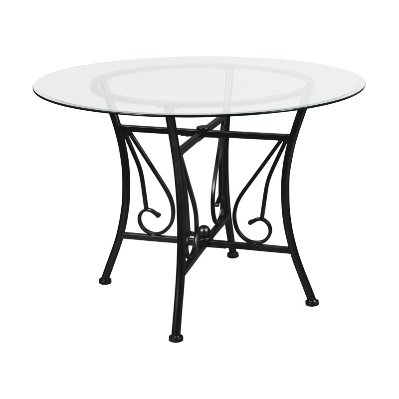 Corkey North 42'' Round Glass Dining Table with Curl Accent Matte Metal Frame, 29" H x 42" L x 42" W, Black/Clear