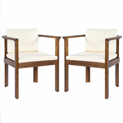 Ensemble de 2 chaises de salle à manger d'extérieur avec accoudoirs courbés en bois d'acacia et coussins crème