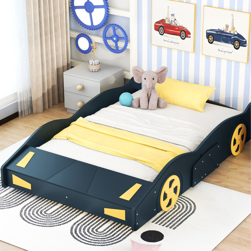 Lit double en forme de voiture de course avec rangement - Bleu foncé / jaune Fabrication en bois robuste pour chambre à coucher