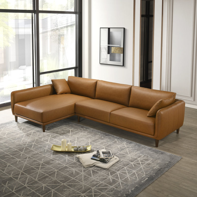 Pluie 117" W Mid Century Modern Leather Cozy Sectional Sofa, Left Hand Facing