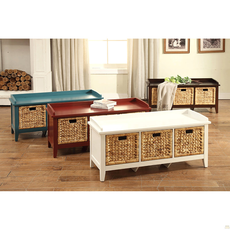Beige And Teal Bench With 3-Drawer, Blue