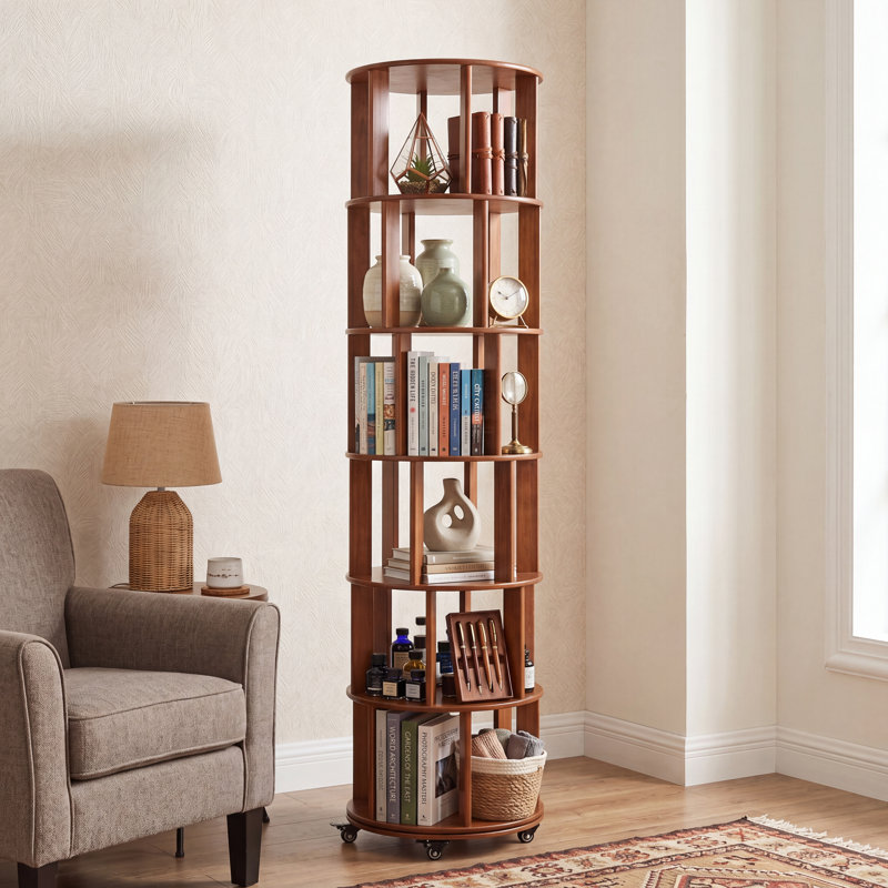 Bibliothèque tournante à 6 niveaux avec bibliothèque rotative à 360 ° en bois massif pour petits espaces, bibliothèque d'angle pour chambre à coucher, salon et salle d'étude