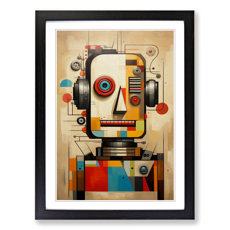 Robot Geometric - Single Picture Frame Print on Wood, Black Framed, 64cm H x 46cm W x 2cm D