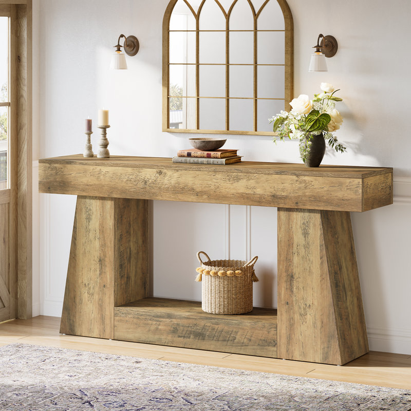 Console étroite en bois manufacturé avec tablettes, Brun