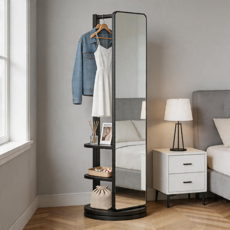Simple Black Floor-Length Full-Length Mirror With Stand, Combining A Solid Wood Coat Rack And Dressing Mirror Into One, Suitable For Bedroom, Living Room, And Home Use.