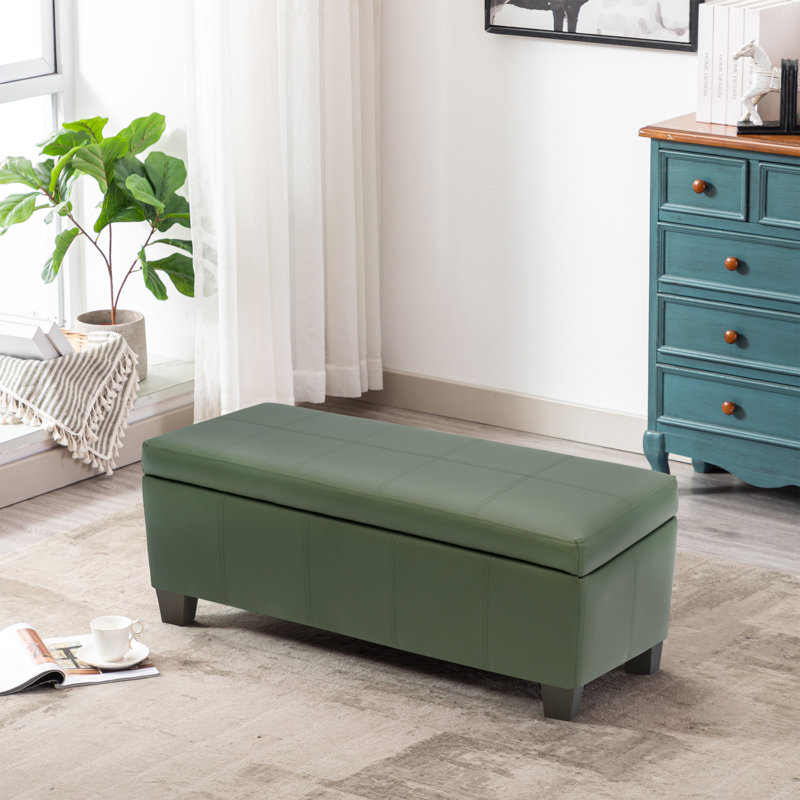 Demingo 41" Upholstered Contemporary Rectangular Storage Ottoman with Safety Hinge, Teal, Teal